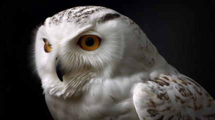 snowy owl portrait, very beautiful white owl with ember eyes, generative ai