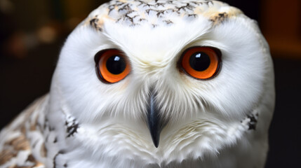 Obraz premium snowy owl portrait, very beautiful white owl with ember eyes, generative ai