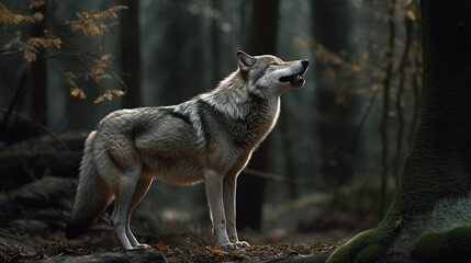 Obraz premium portrait of a wolf, wolf howls at edge of a forest with fog behind him, generative ai