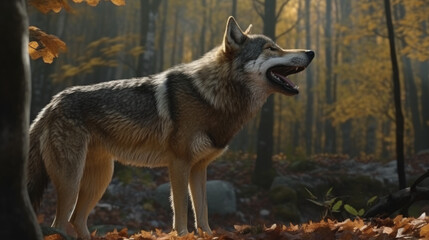 Obraz premium portrait of a wolf, wolf howls at edge of a forest with fog behind him, generative ai