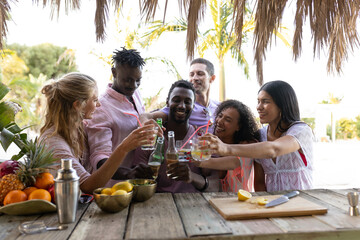 Happy diverse friends having party at beach, making a toast