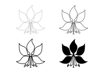 Bauhinia flower isolated on white background. Thin line, thick line and flat icon style. National Hong Kong flower stylized icon for logo, emblem, business card or other use. Vector illustration. Set.