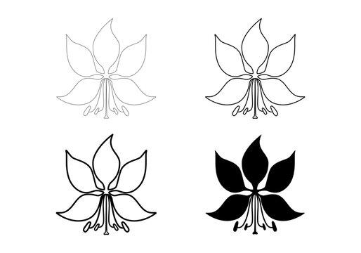 Bauhinia flower isolated on white background. Thin line, thick line and flat icon style. National Hong Kong flower stylized icon for logo, emblem, business card or other use. Vector illustration. Set.