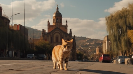 Cat in an old city street, generative ai