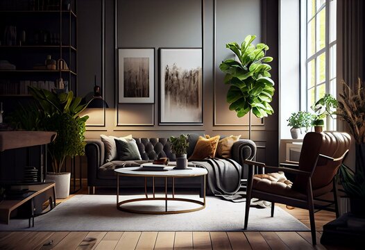 Exquisite living room design showcasing cleanliness, beauty, and organization. Generative AI