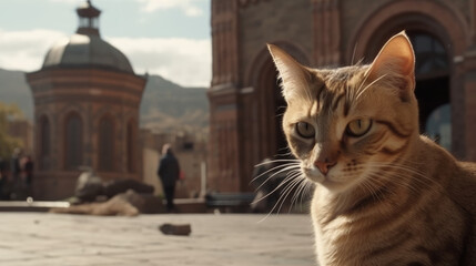 Cat in an old city street, generative ai
