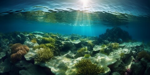 Naklejka na ściany i meble Under the water. Underwater panorama with coral reefs and fishes. Background. Underwater scene - tropical seabed with reef and sun. Generative AI