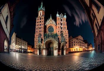 Fototapeta na wymiar Panoramic timelapse of St. Mary's Basilica from Florianska Street in Old Town Krakow at night. Generative AI