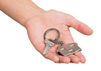 Male hand holding house keys isolated on white background