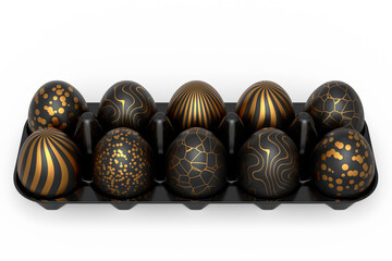 Golden and black Easter eggs in basket or tray and chocolate eggs