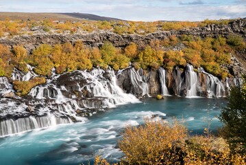 Hrainfoss waterfall autumn colors, Iceland