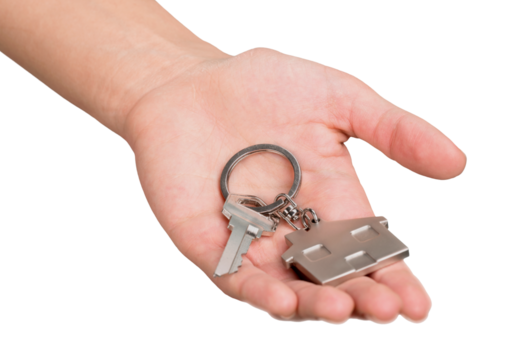 Male hand holding house keys isolated on white background