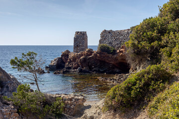 View of ancient ruins (Skyros, Northern Sporades, Greece) and deserted beach