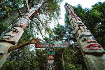 wide shot of large totems with many colors and intricate designs during the day at cultural center in vancouver - obrazy, fototapety, plakaty