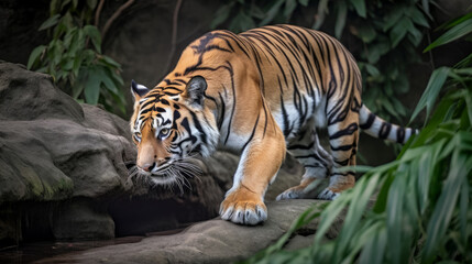 Fototapeta premium Crouching tiger on the hount for his prey, generative ai