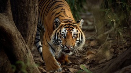 Fototapeta premium Crouching tiger on the hount for his prey, generative ai