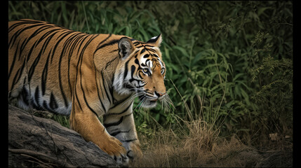 Fototapeta na wymiar Crouching tiger on the hount for his prey, generative ai