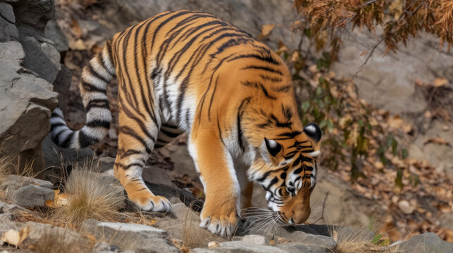 Crouching tiger on the hount for his prey, generative ai