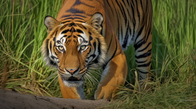 Crouching tiger on the hount for his prey, generative ai