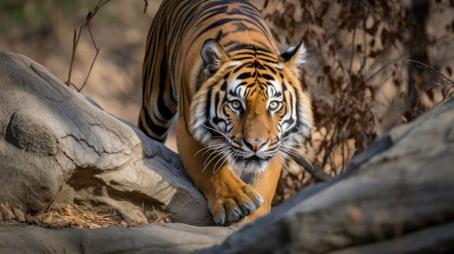 Crouching tiger on the hount for his prey, generative ai