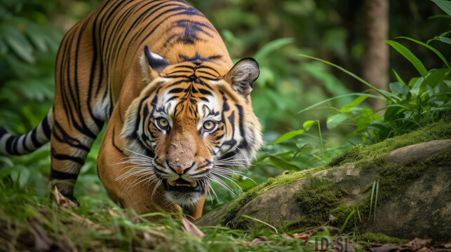 Crouching tiger on the hount for his prey, generative ai