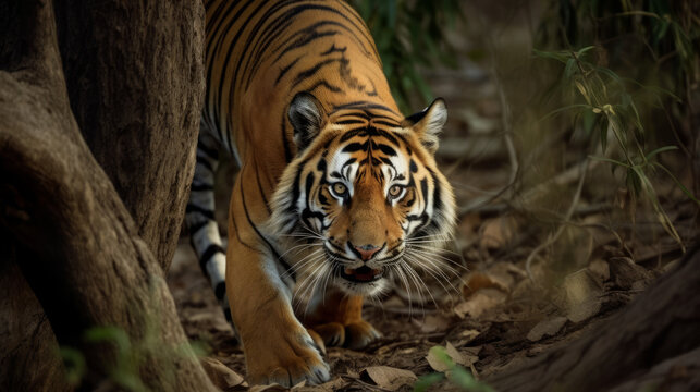 Crouching tiger on the hount for his prey, generative ai