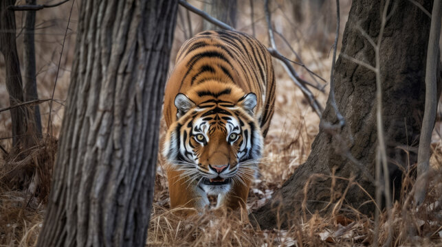 Crouching tiger on the hount for his prey, generative ai