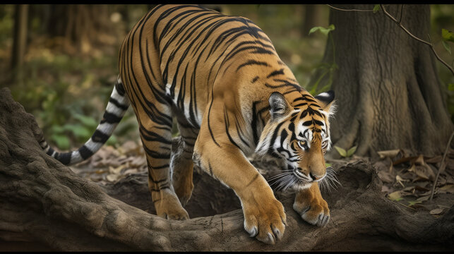 Crouching tiger on the hount for his prey, generative ai
