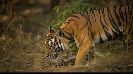 Obraz premium Crouching tiger on the hount for his prey, generative ai