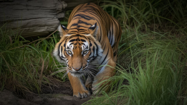 Crouching tiger on the hount for his prey, generative ai