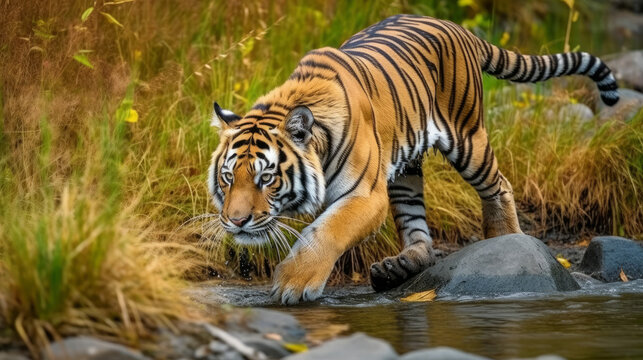Crouching tiger on the hount for his prey, generative ai