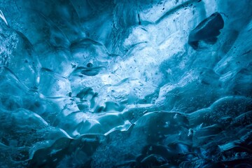 Light coming through Blue Dragon ice cave ceiling, Iceland