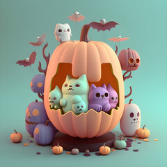 3d halloween illustration cute pumpkin spooky happy realistic background created with generative AI