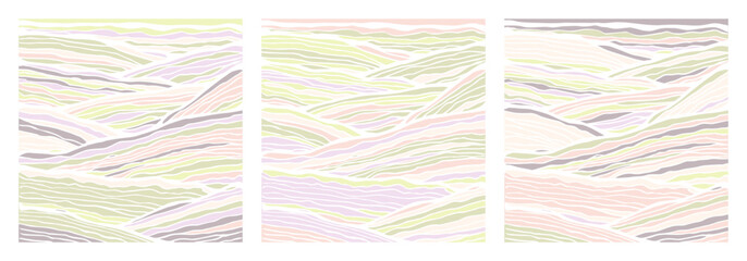 Set of tree wavy square patterns. random pastel colors and calm white background. hand drawn lineral landscape