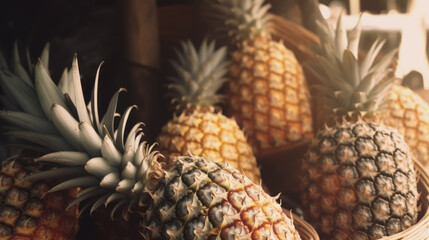 pineapple in the market, basket full of pineapple, generative ai