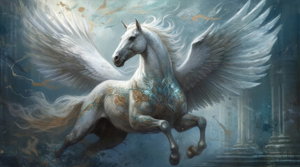 white horse in the blue, white pegasus in heaven, generative ai