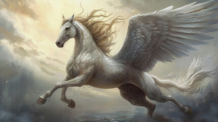 Obraz na płótnie Canvas white horse in the blue, white pegasus in heaven, generative ai