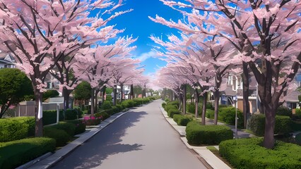 Fototapeta na wymiar Beautiful Cherry Blossom Suburban Street
