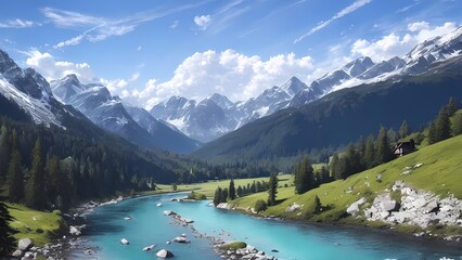 Naklejka na ściany i meble Alpine Mountains Landscape on a Bright Sunny Summer Day with Mountain River and Snowy Peaks
