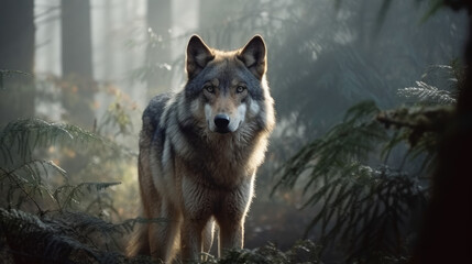 wolf on a meadow, wolf in a misty conifers wood, generative ai