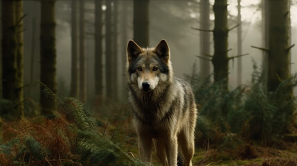 Naklejka na ściany i meble wolf on a meadow, wolf in a misty conifers wood, generative ai
