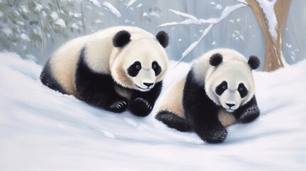 Obraz premium Happy chubby pandas playing in the snow, generative ai
