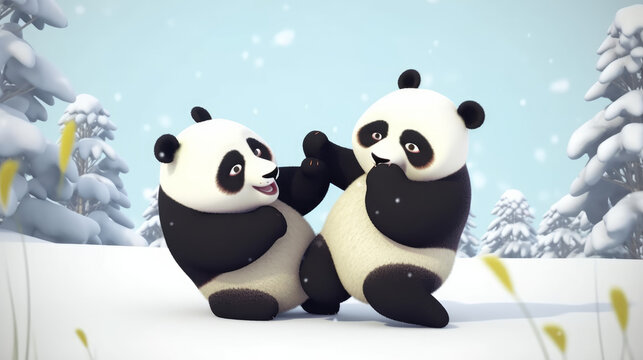 Happy chubby pandas playing in the snow, generative ai