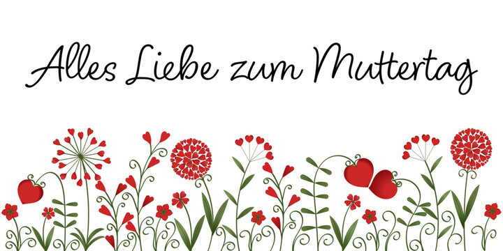 Alles Liebe zum Muttertag, Text in deutsch. Vektorgrafik mit Ranken und Blumen aus roten Herzen. Für Muttertagsgrüße.