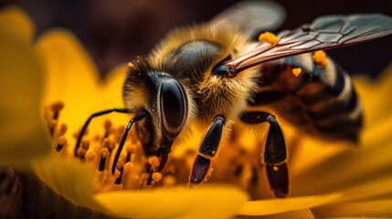 bee on flower, closeup of bee sitting on yellow flower, generative ai