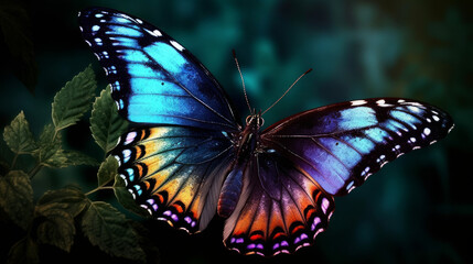 butterfly on the flower, magical butterfly with a lot of colors, generative ai