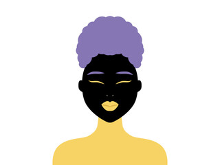 Illustration with a black woman with yellow clothing and purple hair. Girl on adhesive for collages.