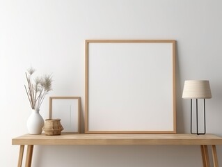 Mockup, hölzernes Bilderrahmen-Modell an der Wand im modernen Interieur. Grafikvorlage für Kunstwerke, Gemälde, Fotos oder Poster in der Innenarchitektur, generative AI