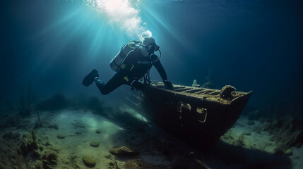 Shipwreck under the sea. Created using generative AI.