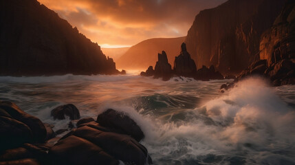 Sunset over the sea with rocks. Created using generative AI.